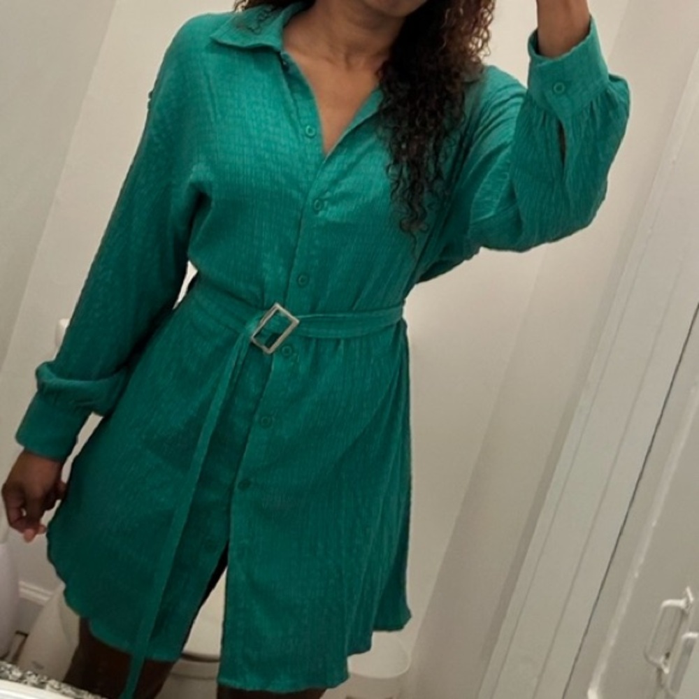 Isalis green belted long sleeve dress